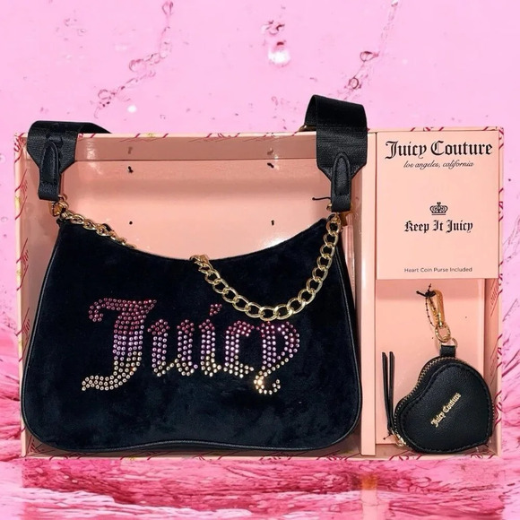 Juicy Couture Black Licorice Pink Rhinestone Handbag Bag & Heart Coin Purse Set - Picture 1 of 11